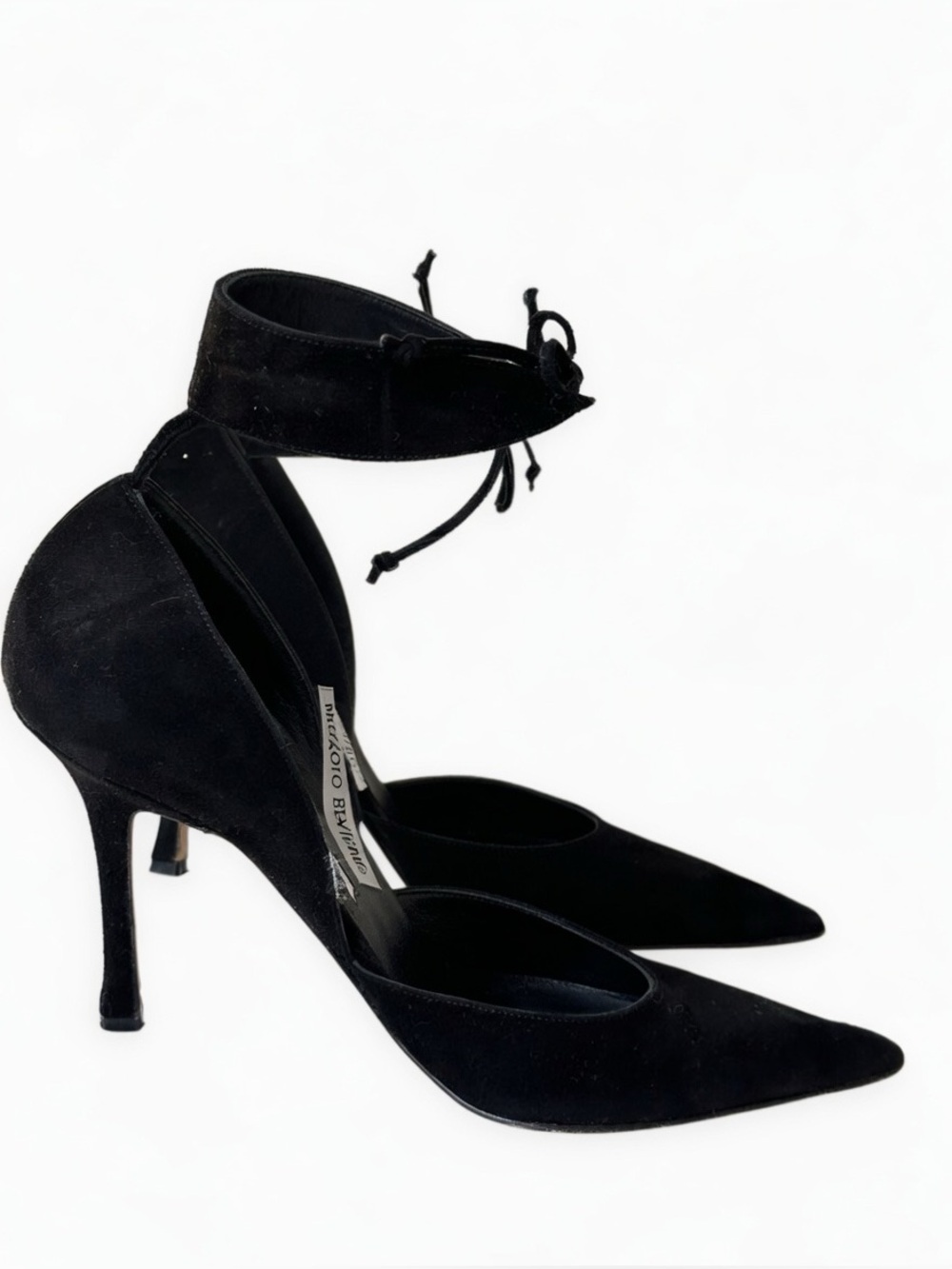 Manolo Blahnik Black Suede Ankle-Tie Pointed Pumps…